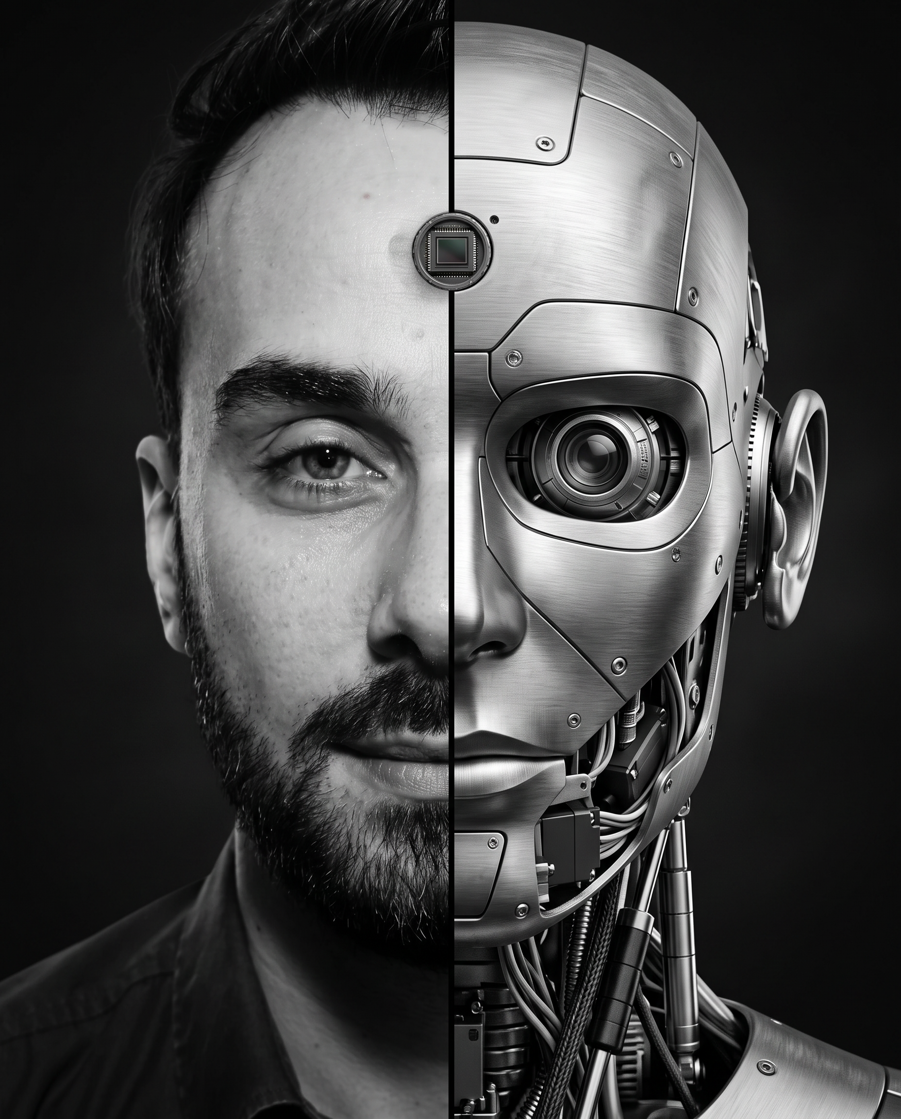 Portrait of Francesco R. Di Caprio, split down the centre: human on one half, machine on the other
